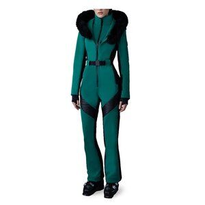 Mackage Elle Belted Shearling-Trimmed Shell Ski Suit in Emerald, Size L, NWT